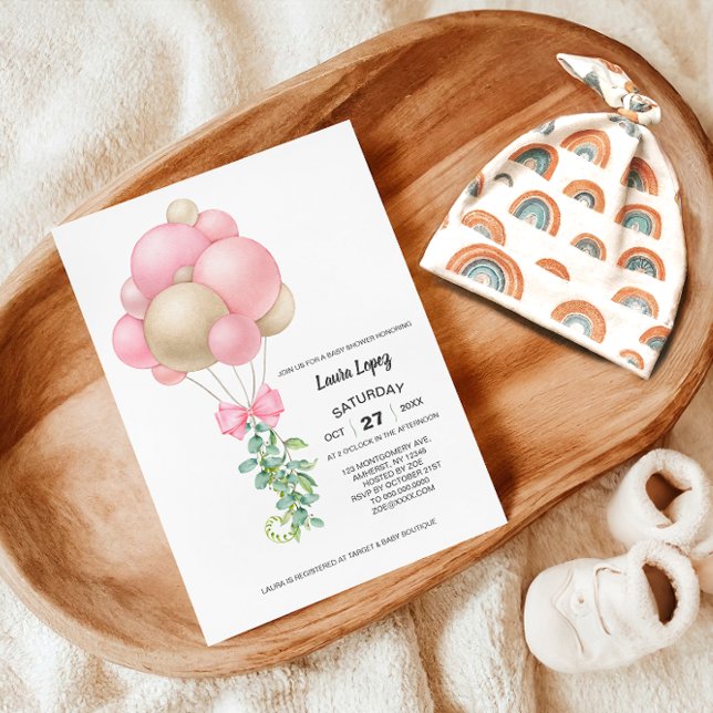 Minimalistisk Rosa Balloons Girl Baby Shower Inbjudningar (Skapare uppladdad)