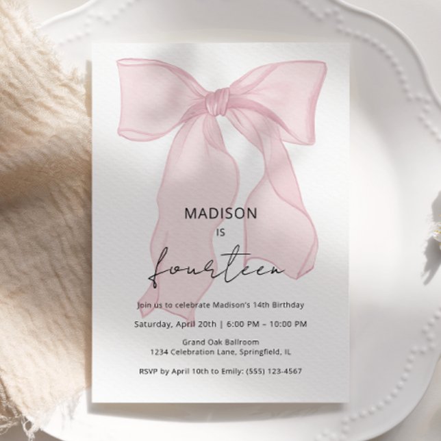Minimalistisk Rosa Bow Coquette Birthday Inbjudningar (Skapare uppladdad)