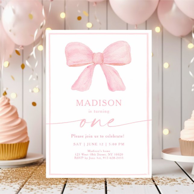 Minimalistisk Rosa Bow första födelsedag Inbjudningar (Skapare uppladdad)
