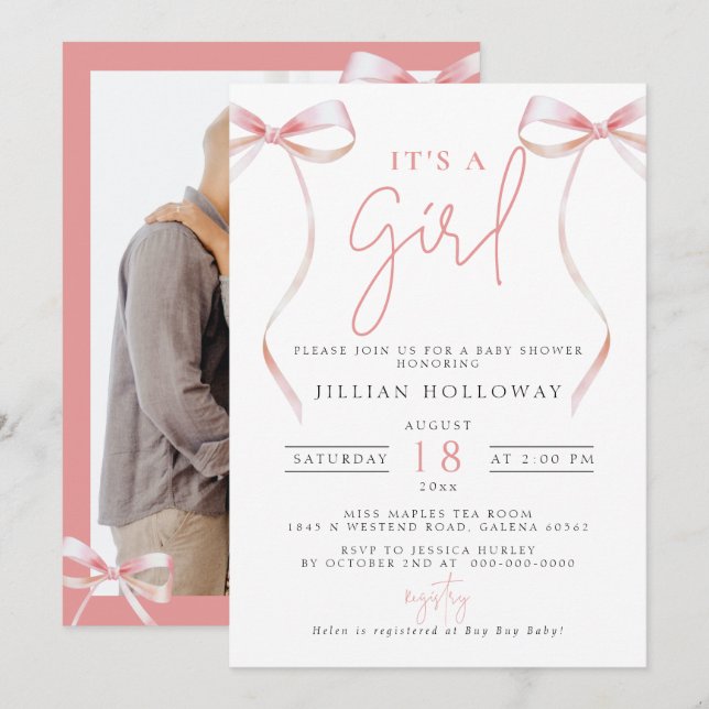 Minimalistisk Rosa BOW sin tjej Baby Shower Inbjudningar (Fram/baksida)
