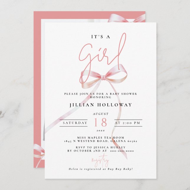 Minimalistisk Rosa BOW sin tjej Baby Shower Inbjudningar (Fram/baksida)