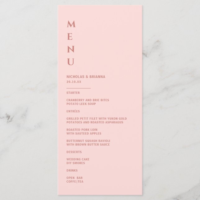 Minimalistisk  Rosa Bröllop Meny (Framsida)