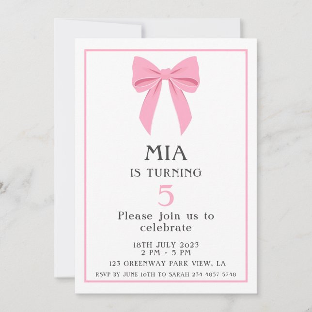 Minimalistisk Rosa Coquette Bow Birthday Girl Inbjudningar (Framsida)