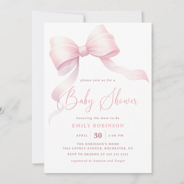 Minimalistisk Rosa Coquette Bow Girl Baby Shower Inbjudningar (Framsida)