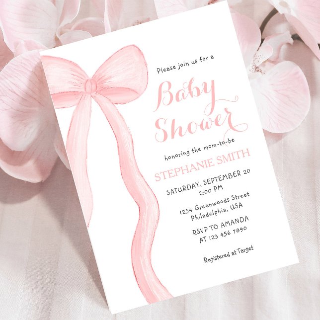 Minimalistisk Rosa Coquette Bow Girl Baby Shower Inbjudningar (Skapare uppladdad)