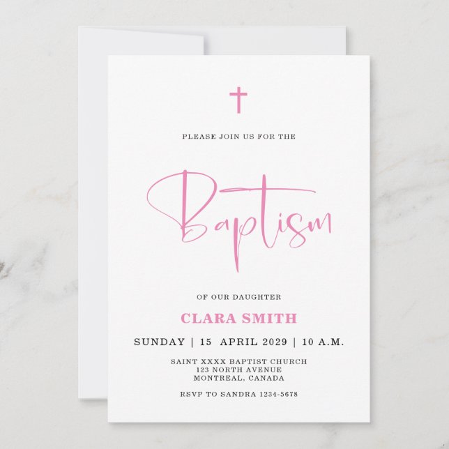Minimalistisk rosa dopinvitation för flickor inbjudningar (Framsida)