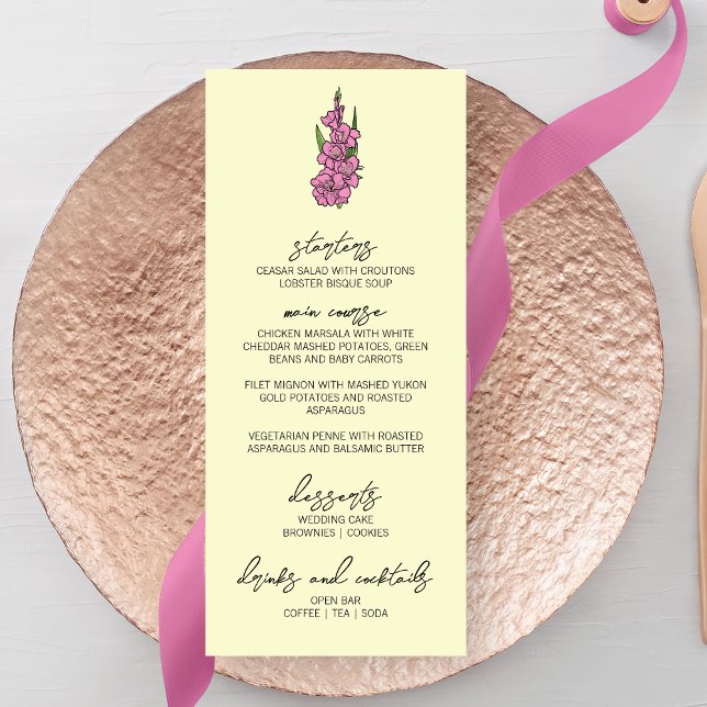 Minimalistisk Rosa Gladiolus Bröllop Menu Meny (Skapare uppladdad)