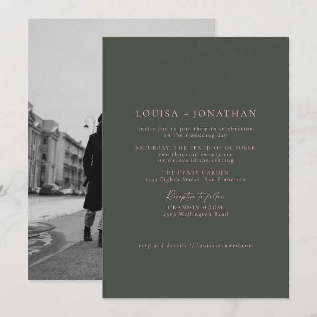 Minimalistisk Rosa Grönt Formell skript Foto Bröll Inbjudningar (Fram/baksida)