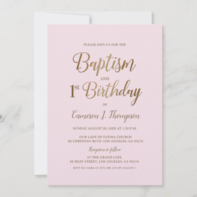 Minimalistisk Rosa Guld-baptism 1:a födelsedag Inbjudningar (Framsida)