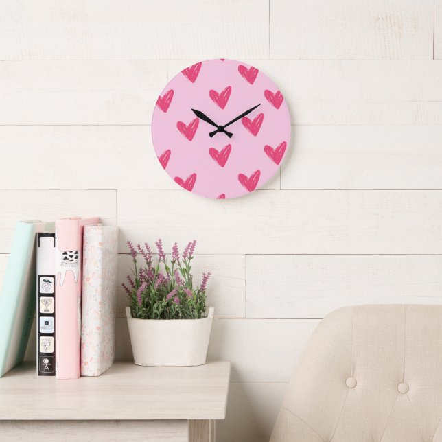 Minimalistisk Rosa Handritad Hjärtmönster Väggkloc Stor Klocka (Läsesal)
