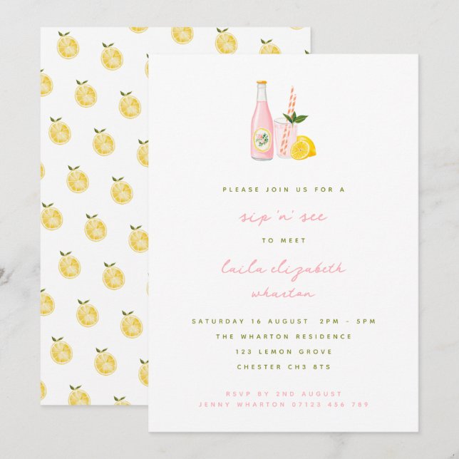 Minimalistisk Rosa Lemonade Baby Sip och se Inbjudningar (Fram/baksida)