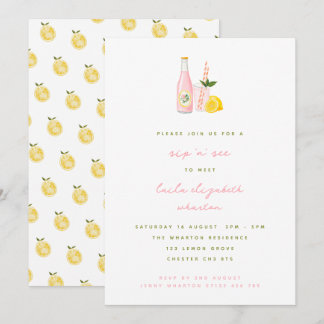 Minimalistisk Rosa Lemonade Baby Sip och se Inbjudningar