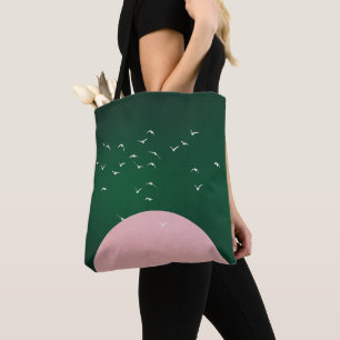 Minimalistisk rosa måne med fåglar Modern konst Tygkasse