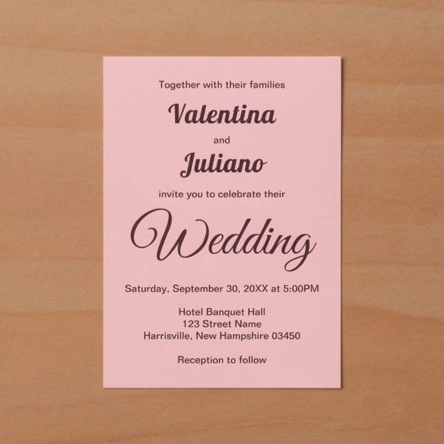 Minimalistisk Rosa Med Mörk Burgunderfärgad Text B Inbjudningar (Typography style minimalist pink wedding invitation)