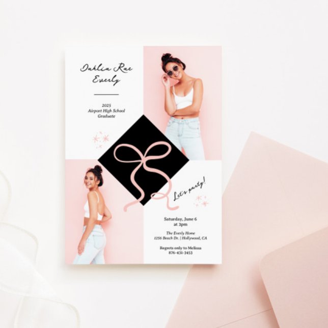 Minimalistisk rosa mössa och rosett examensfoto inbjudningar (Pink Bow Grad Cap Party Invitation)