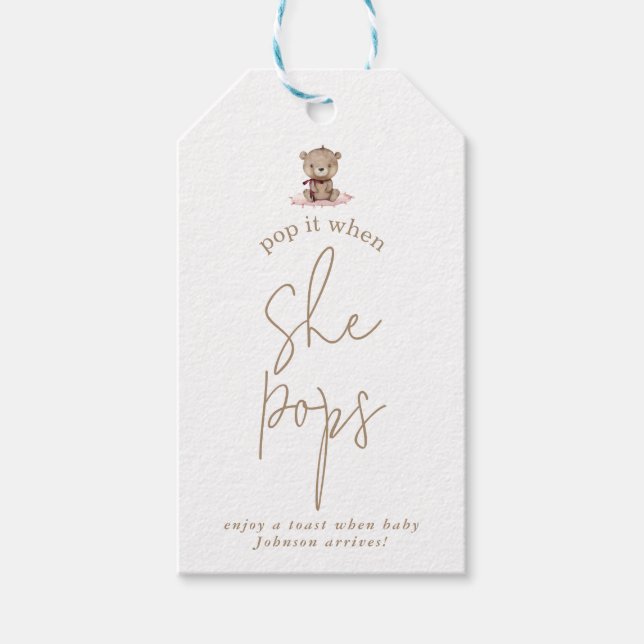 Minimalistisk Rosa Nalle Babydusch DPS Presentetikett (Framsidan)