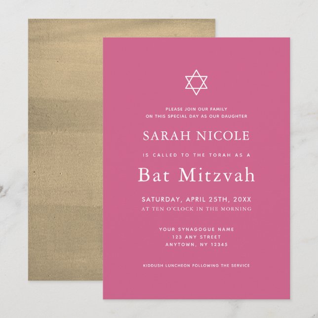 Minimalistisk Rosa och Guld Bat mitzvah Inbjudningar (Fram/baksida)