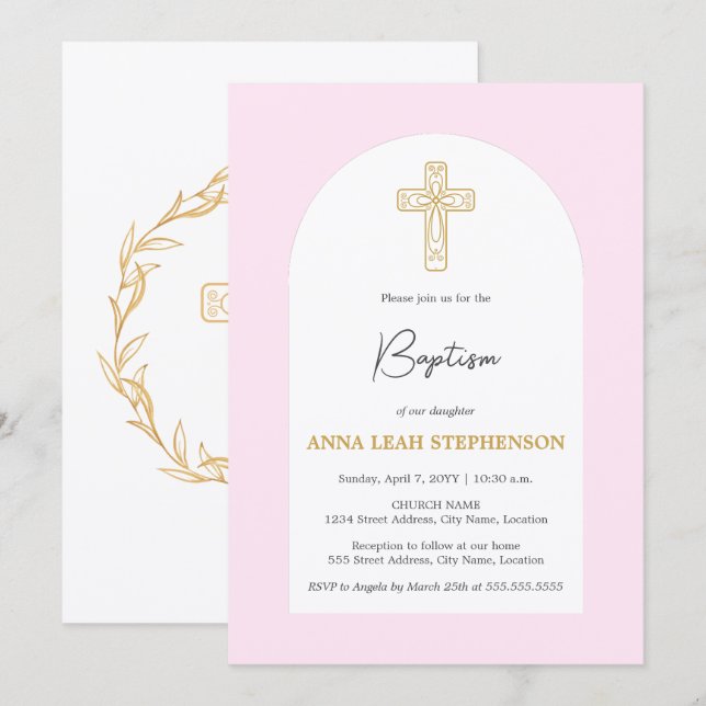 Minimalistisk Rosa och Guld Kors Dop Inbjudningar (Fram/baksida)