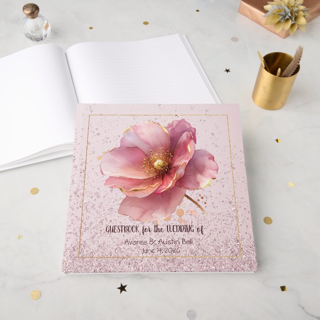 Minimalistisk rosa och guld vallmo bröllop gästböcker (Framsidan öppen)