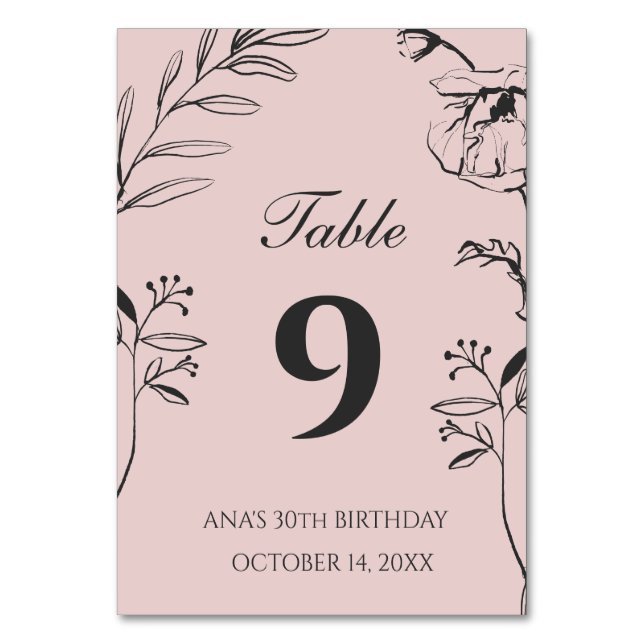 Minimalistisk Rosa och Kolgrå Blommig 30-årsdag Bordsnummer (Framsidan)