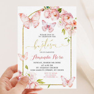 Minimalistisk Rosa Peony Blommigt Butterfly Baptis Inbjudningar