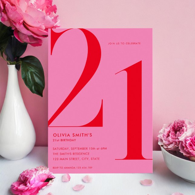 Minimalistisk Rosa Red Modern Chic 21:a födelsedag Inbjudningar (Skapare uppladdad)