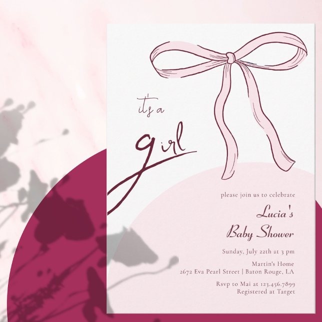 Minimalistisk Rosa Ribbon Det är en flicka Babyska Inbjudningar (Skapare uppladdad)