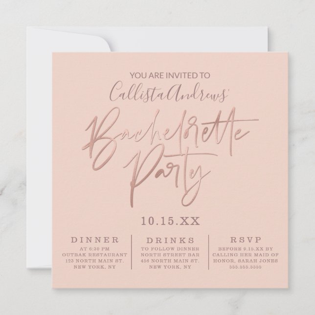 Minimalistisk Rosa ros-Guld-typografi Bachelorette Inbjudningar (Framsida)