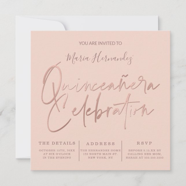 Minimalistisk Rosa ros-typografi i Guld Quinceañer Inbjudningar (Framsida)