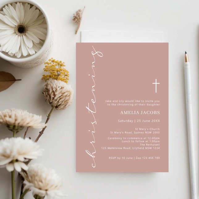 Minimalistisk Rosa-skript, Christening Typography Inbjudningar (Skapare uppladdad)