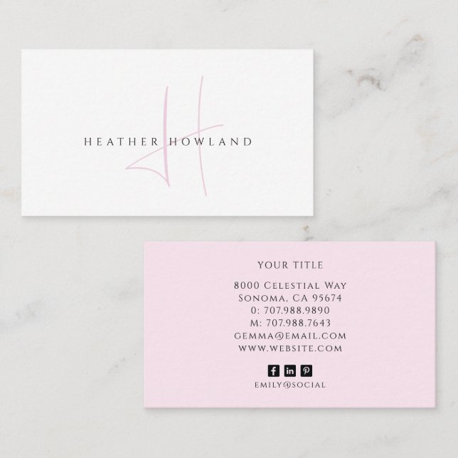 Minimalistisk rosa skript monogramnamn   visitkort (Fram/baksida)