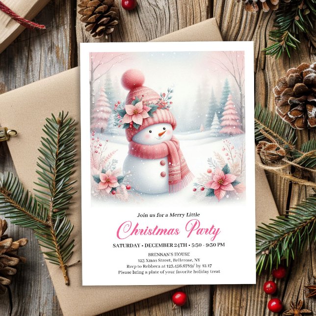 Minimalistisk rosa snömannen barn redigerbar digit inbjudningar (Minimalist Pink Snowman Kids Editable Digital Christmas Invitation

)