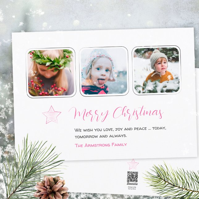 Minimalistisk Rosa Stjärna Tre Fotoscript Julkort (Minimalist Pink Star Handdrawn 3 Photo Script Holiday Card ©Susanne Sachers - Sunny Mind Design 🌞)