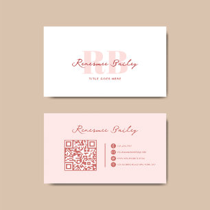 Minimalistisk Rosa - vit monogram Qr-kod Visitkort