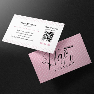 Minimalistisk rosa vit mönster frisör QR-kod Visitkort
