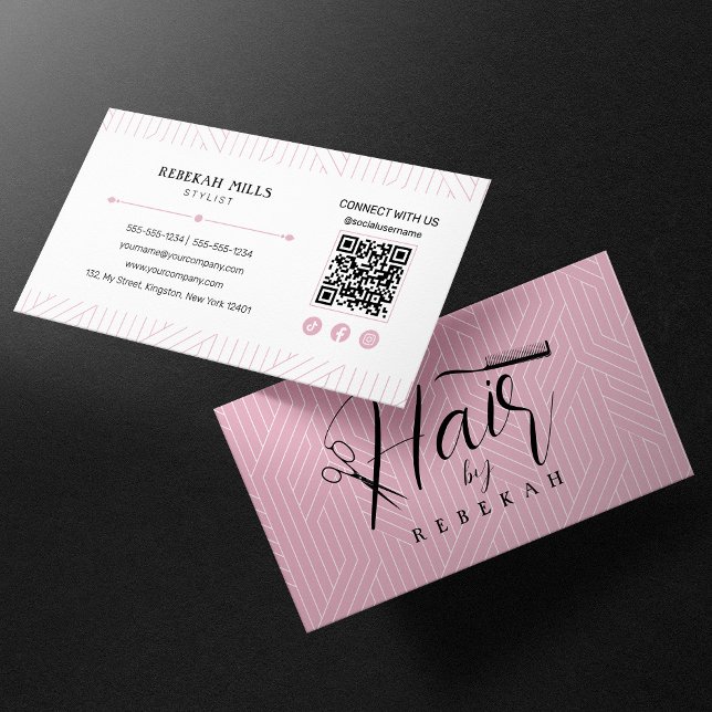 Minimalistisk rosa vit mönster frisör QR-kod Visitkort (Skapare uppladdad)