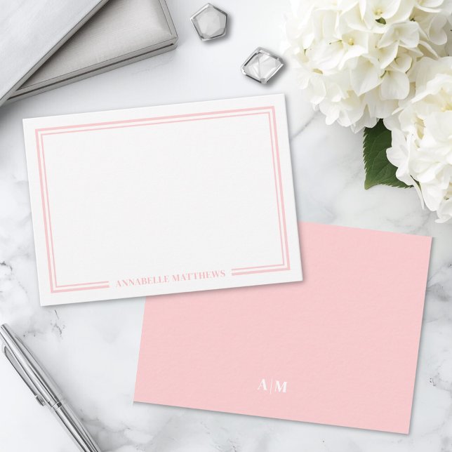 Minimalistisk rosablommig tvåkantig monogram anteckningskort (Minimalist Blush Pink Two Border Monogram Note Card)