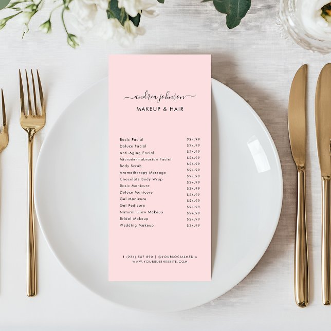 Minimalistisk rosabruna tjänstemenyn Prislista Reklamkort (Skapare uppladdad)