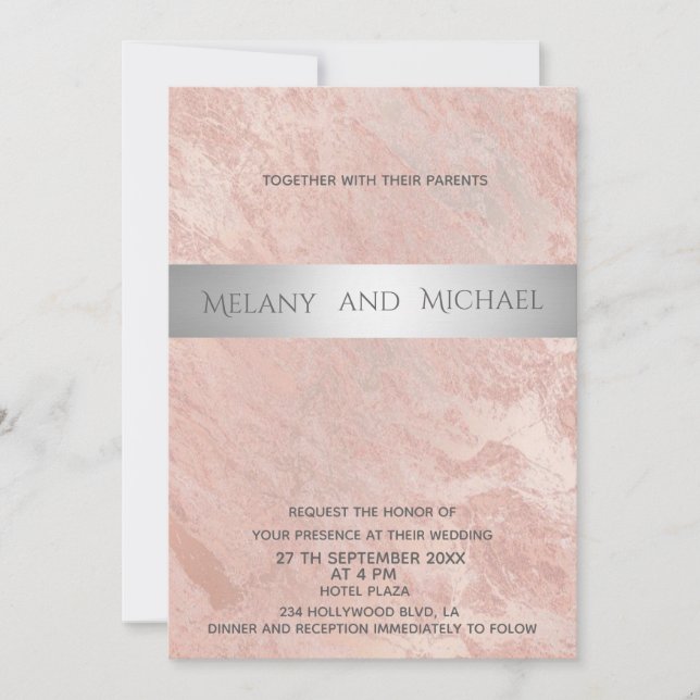 Minimalistisk rosegold marmor silver rand inbjudningar (Framsida)