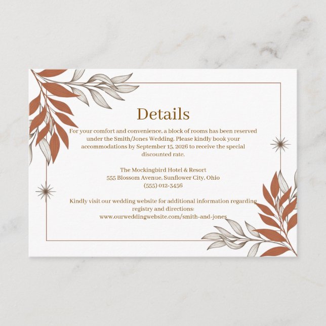 minimalistisk rost botanisk boendeinformation tilläggskort (Framsida)