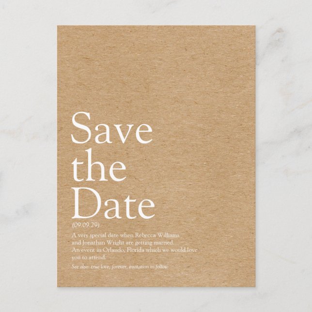 Minimalistisk Rustik Definition av Save the Date-k Vykort (Framsida)