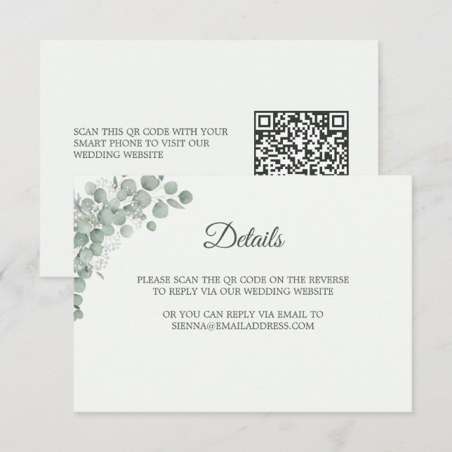 Minimalistisk Sagegrön Eukalyptus Bröllops QR-kod  Tilläggskort (Fram/baksida)