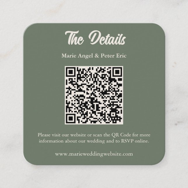 Minimalistisk Salvia Grön Bröllops QR-kod Enclosur Fyrkantigt Visitkort (Framsida)