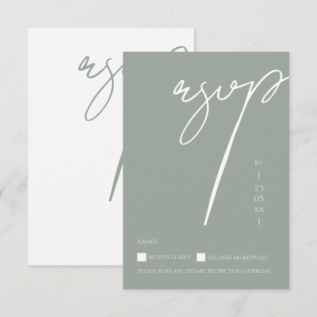 Minimalistisk salvia grön script typografi bröllop OSA kort (Fram/baksida)