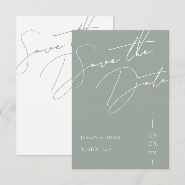 Minimalistisk salvia grön script typografi bröllop spara datumet (Fram/baksida)