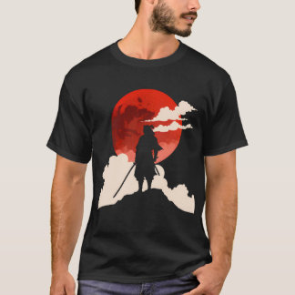 Minimalistisk Samuraj Silhuett Under Röd Måne T Shirt