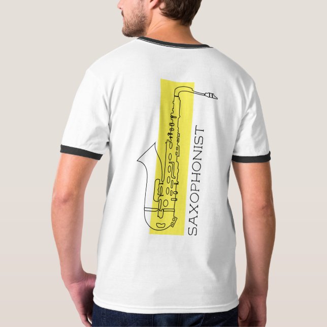 Minimalistisk saxofonkontur + gult Saxofonist T Shirt (Baksida)