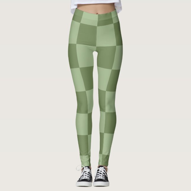 Minimalistisk schackbrädesmönster i salvia grön leggings (Framsida)