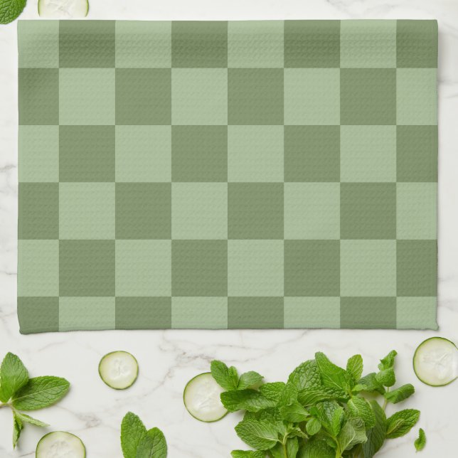 Minimalistisk schackrutig mönster i salvia grön kökshandduk (Vikta)
