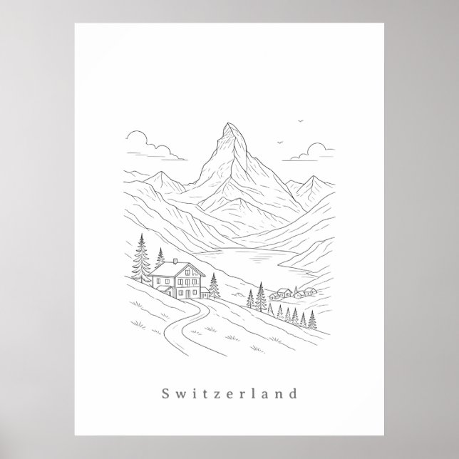 Minimalistisk Schweiz Linje Arttryck | Skandinavis Poster (Framsidan)